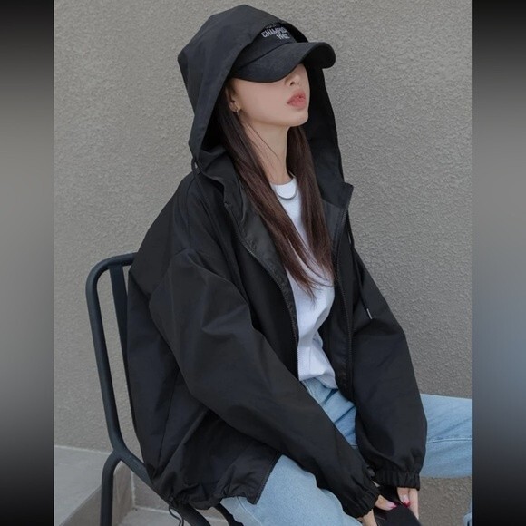 Dazy SHEIN Black Drop Shoulder Drawstring Hooded Jacket Small - Picture 1 of 8